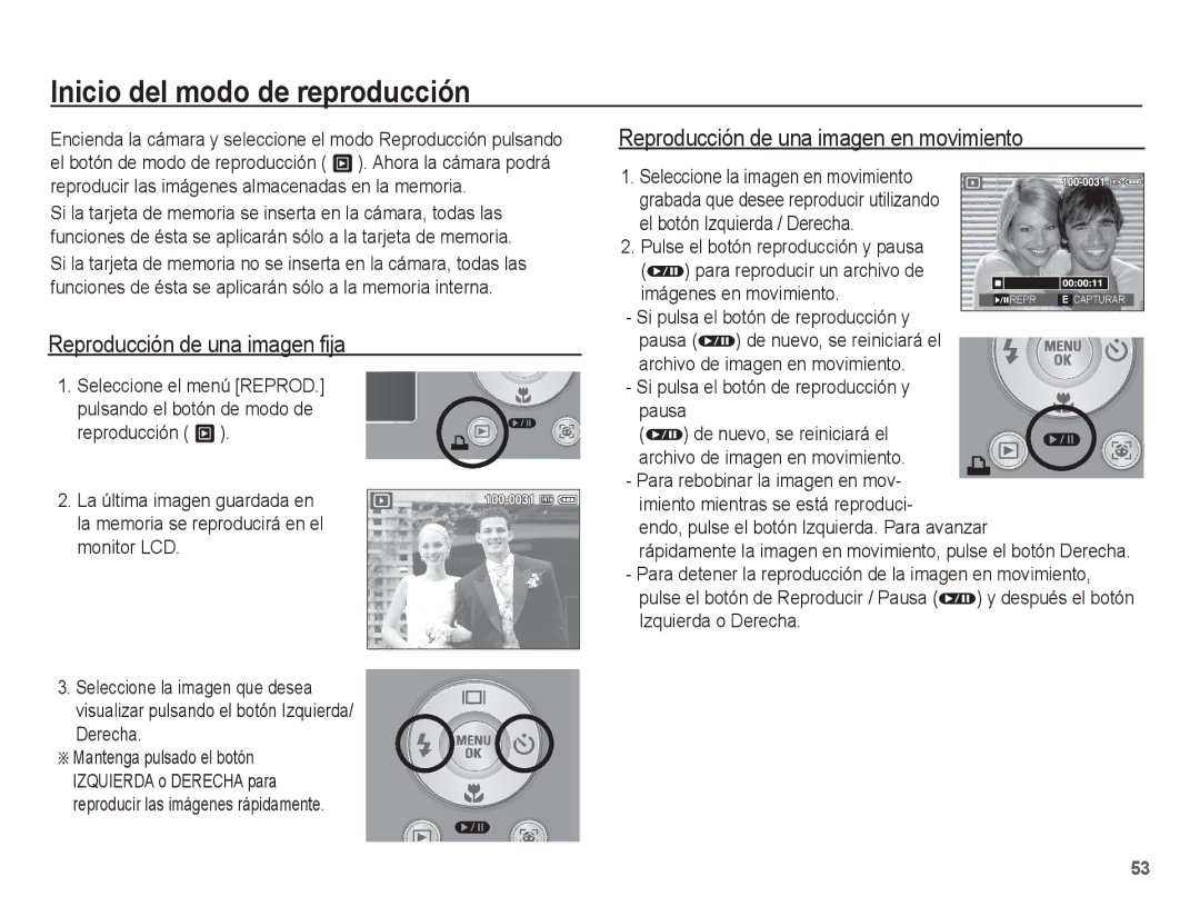 Samsung EC-S1070BBA/FR Inicio del modo de reproducción, Reproducción de una imagen fija, Derecha, Imágenes en movimiento 