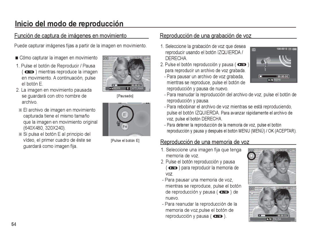 Samsung EC-S1070BBA/E2 manual Función de captura de imágenes en movimiento, Reproducción de una grabación de voz, Derecha 