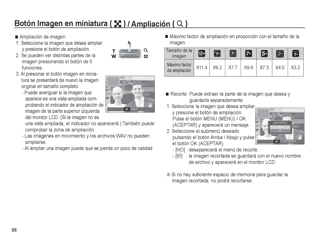 Samsung EC-S1070WBE/ZA manual Botón Imagen en miniatura º / Ampliación í, Ampliación de imagen, X11.4 X9.2 X7.7 X7.3 X4.0 