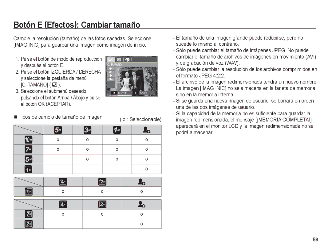 Samsung EC-S1070BBA/FR, EC-S1070BBA/E2, EC-S1070PBE/ZA, EC-S1070WBE/ZA, EC-S1070BBE/ZA manual Botón E Efectos Cambiar tamaño 