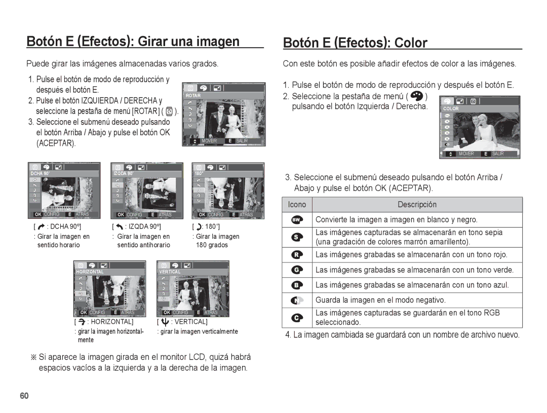 Samsung EC-S1070BBA/E2, EC-S1070BBA/FR, EC-S1070PBE/ZA manual Botón E Efectos Girar una imagen, Botón E Efectos Color 