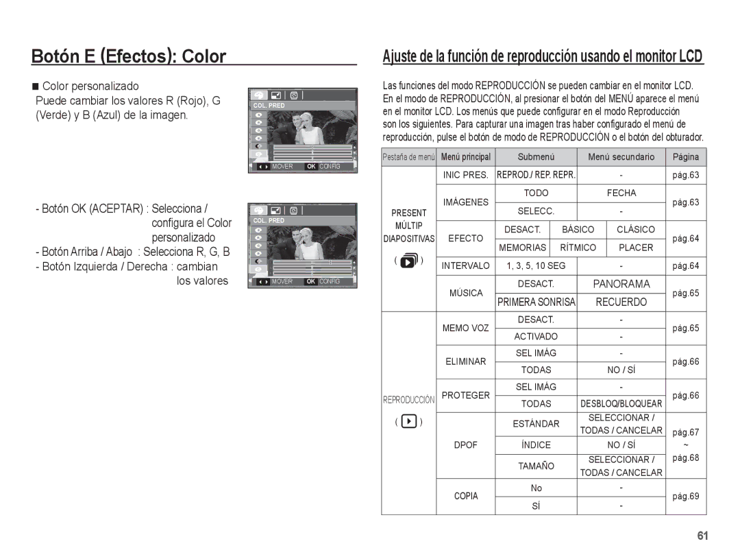 Samsung EC-S1070PBE/ZA manual Color personalizado Puede cambiar los valores R Rojo, G, Verde y B Azul de la imagen 