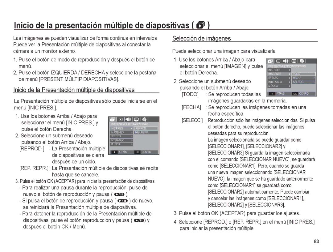 Samsung EC-S1070BBE/ZA, EC-S1070BBA/FR Inicio de la presentación múltiple de diapositivas , Selección de imágenes, Todo 