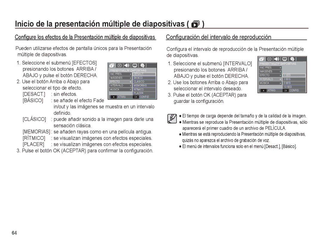 Samsung EC-S1070SBE/ZA, EC-S1070BBA/FR, EC-S1070BBA/E2, EC-S1070PBE/ZA manual Configuración del intervalo de reproducción 