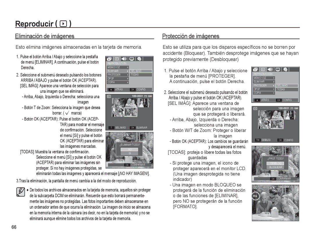 Samsung EC-S1070BBA/E2, EC-S1070BBA/FR, EC-S1070PBE/ZA, EC-S1070WBE/ZA manual Eliminación de imágenes, Protección de imágenes 