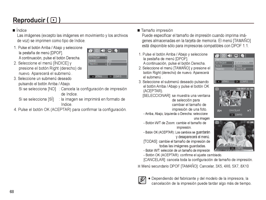 Samsung EC-S1070WBE/ZA manual La pestaña de menú Dpof, Seleccione el menú Índice y, Nuevo. Aparecerá el submenú, De índice 