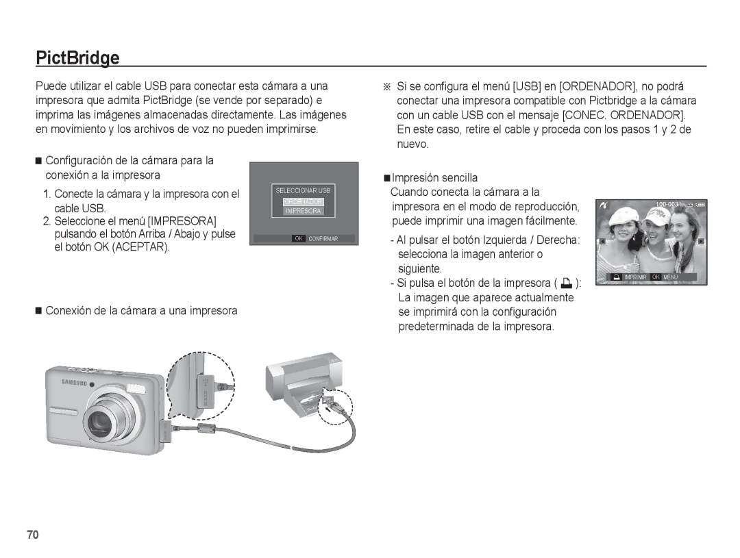 Samsung EC-S1070SBE/ZA, EC-S1070BBA/FR, EC-S1070BBA/E2, EC-S1070PBE/ZA, EC-S1070WBE/ZA, EC-S1070BBE/ZA manual PictBridge 