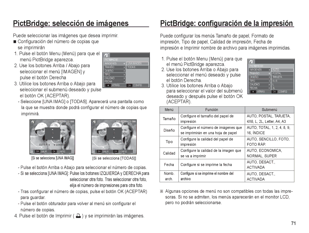 Samsung EC-S1070BBA/FR, EC-S1070BBA/E2, EC-S1070PBE/ZA, EC-S1070WBE/ZA, EC-S1070BBE/ZA manual PictBridge selección de imágenes 