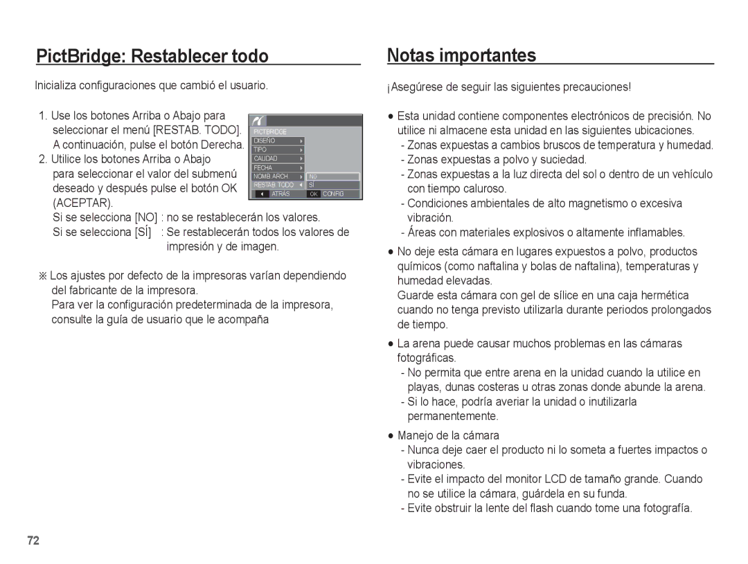 Samsung EC-S1070BBA/E2, EC-S1070BBA/FR, EC-S1070PBE/ZA, EC-S1070WBE/ZA manual PictBridge Restablecer todo, Notas importantes 