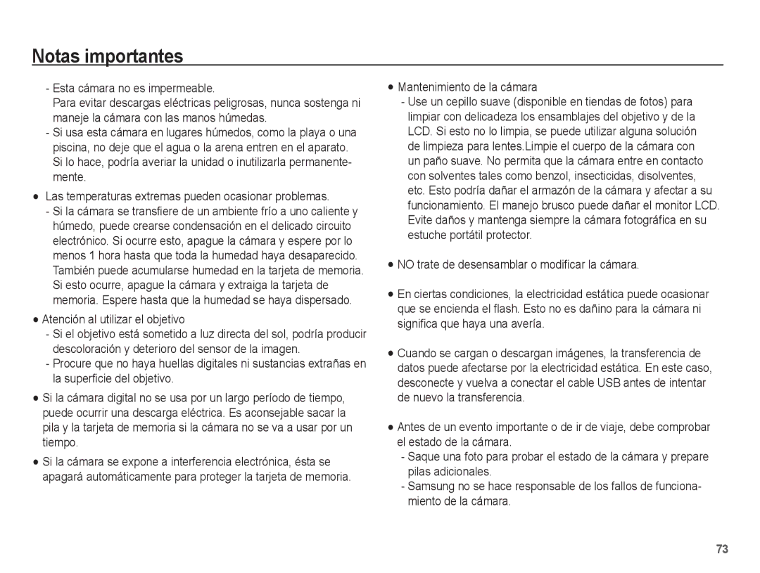 Samsung EC-S1070PBE/ZA manual Esta cámara no es impermeable, Atención al utilizar el objetivo, Mantenimiento de la cámara 