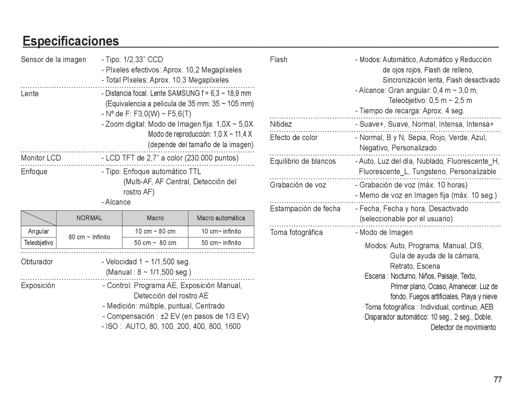 Samsung EC-S1070BBA/FR, EC-S1070BBA/E2, EC-S1070PBE/ZA, EC-S1070WBE/ZA, EC-S1070BBE/ZA, EC-S1070SBE/ZA manual Especificaciones 