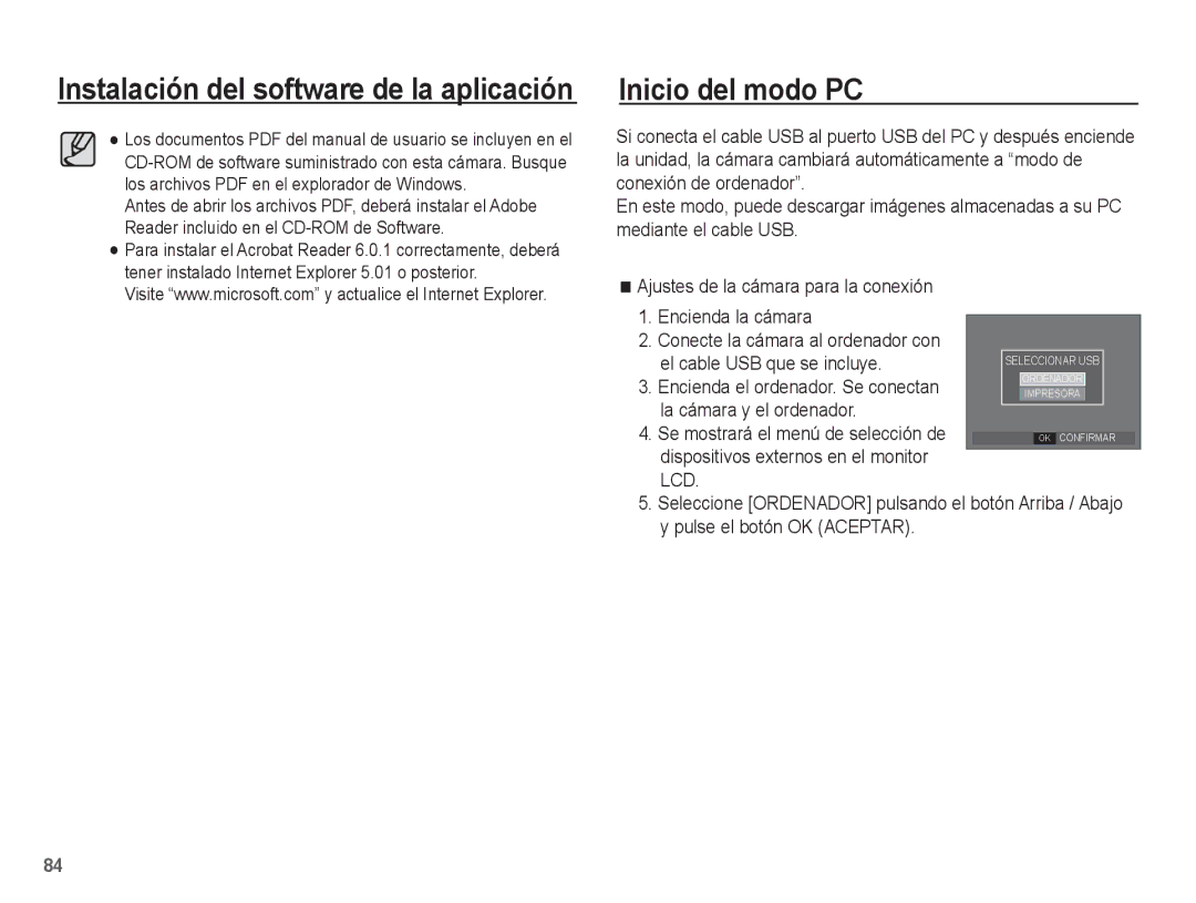 Samsung EC-S1070BBA/E2, EC-S1070BBA/FR Inicio del modo PC, Encienda el ordenador. Se conectan la cámara y el ordenador 