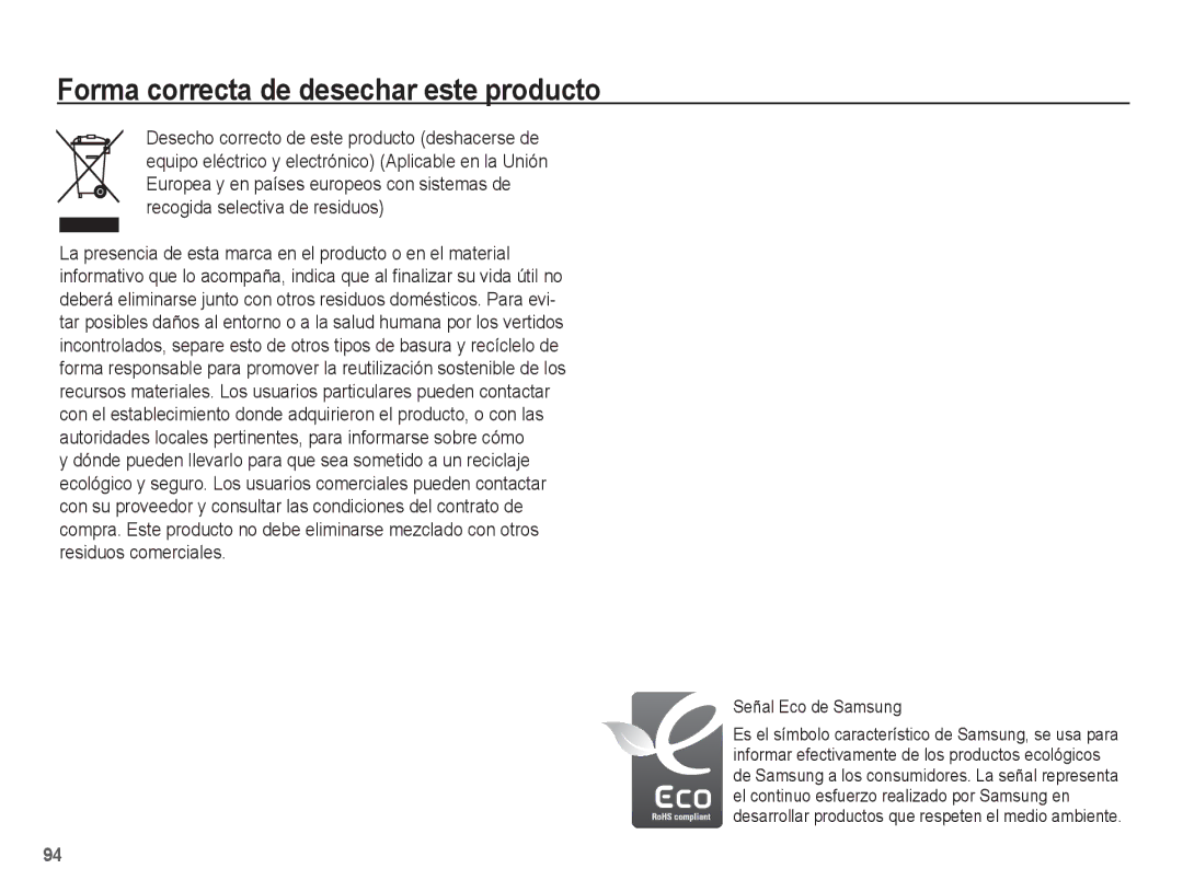 Samsung EC-S1070SBE/ZA, EC-S1070BBA/FR, EC-S1070BBA/E2, EC-S1070PBE/ZA manual Forma correcta de desechar este producto 