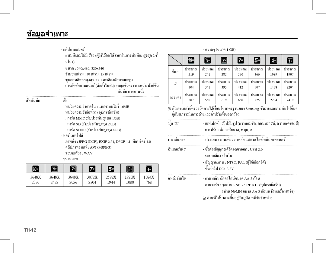 Samsung EC-S1070BBA/IT manual การด SD รับประกันสูงสุด 2GB การด Sdhc รับประกันสูงสุด 8GB, านหลัก อัลคาไลนขนาด AA 2 กอน 