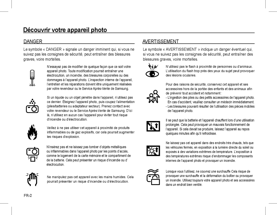 Samsung EC-S1070WBA/VN, EC-S1070BBA/FR, EC-S1070SBA/FR, EC-S1070WBA/FR, EC-S1070PBA/FR, EC-S1070BBA/IT manual Avertissement 