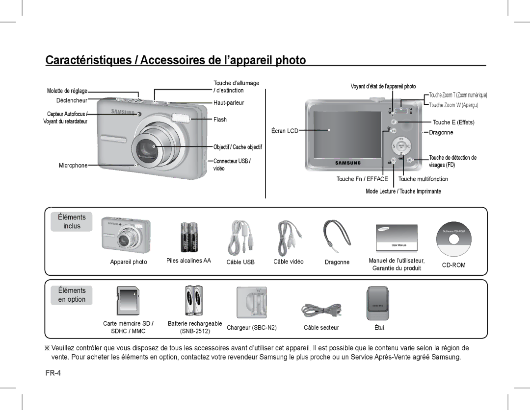 Samsung EC-S1070BBA/VN manual Caractéristiques / Accessoires de l’appareil photo, Éléments Inclus, Éléments en option 