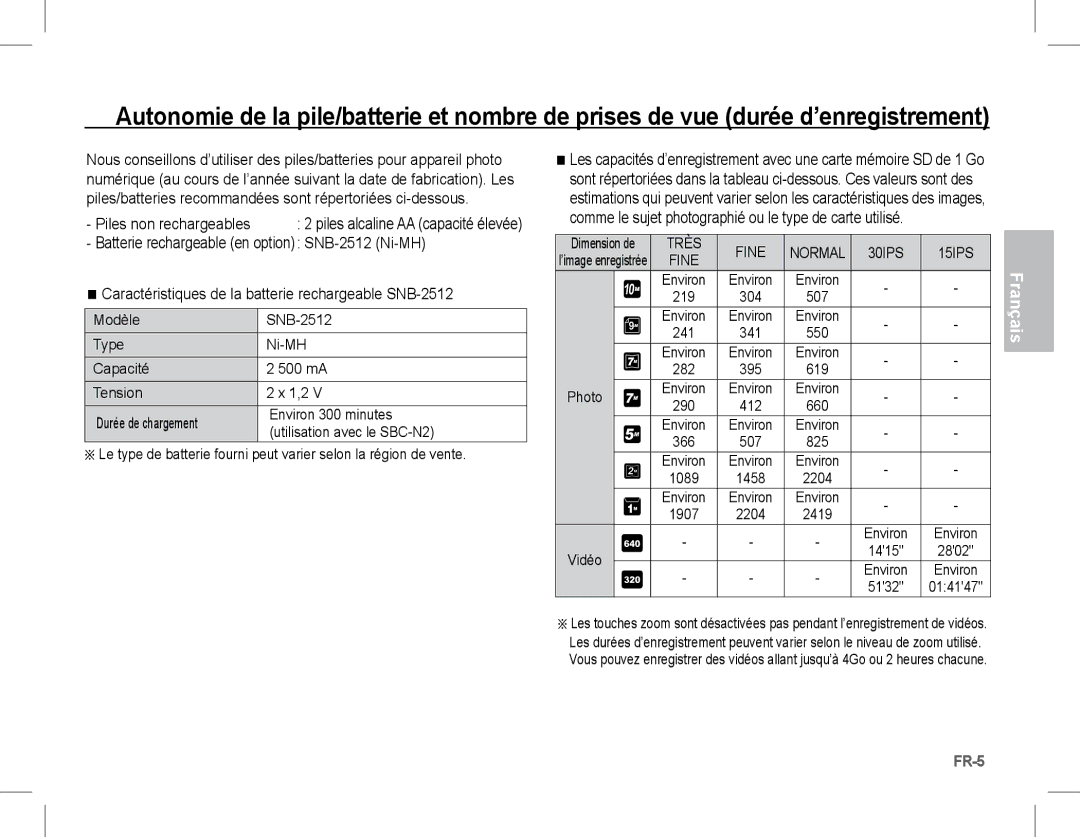 Samsung EC-S1070PBA/VN manual Piles non rechargeables 2 piles alcaline AA capacité élevée, Photo Environ, Environ Vidéo 