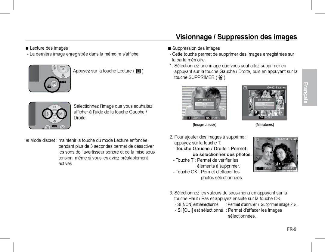 Samsung EC-S1070WBA/E2 manual Visionnage / Suppression des images, Touche T Permet de vérifier les Éléments à supprimer 