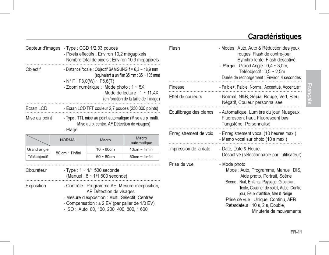 Samsung EC-S1070PBA/E2, EC-S1070BBA/FR, EC-S1070SBA/FR, EC-S1070WBA/FR, EC-S1070PBA/FR, EC-S1070BBA/IT manual Caractéristiques 