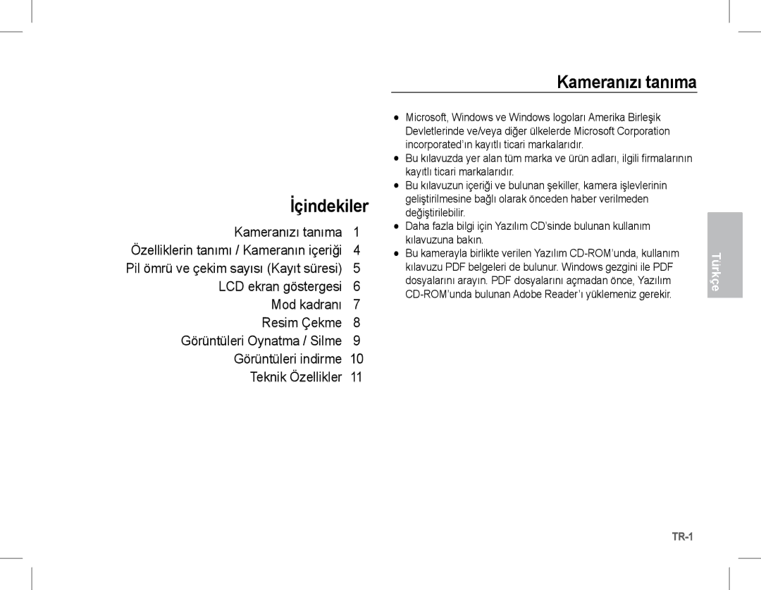 Samsung EC-S1070PDA/E3, EC-S1070BBA/FR, EC-S1070SBA/FR, EC-S1070WBA/FR, EC-S1070PBA/FR manual İçindekiler, Kameranızı tanıma 