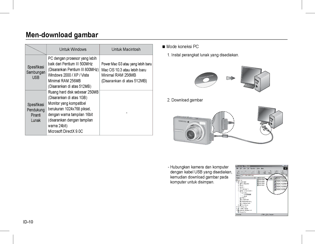 Samsung EC-S1070SBA/IT, EC-S1070BBA/FR, EC-S1070SBA/FR, EC-S1070WBA/FR, EC-S1070PBA/FR Men-download gambar, Mode koneksi PC 