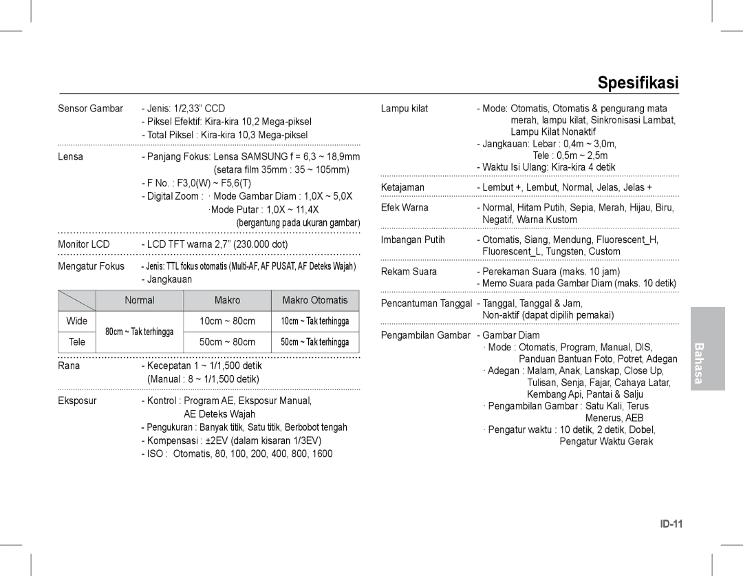 Samsung EC-S1070PBA/IT, EC-S1070BBA/FR, EC-S1070SBA/FR, EC-S1070WBA/FR, EC-S1070PBA/FR, EC-S1070BBA/IT manual Spesifikasi 