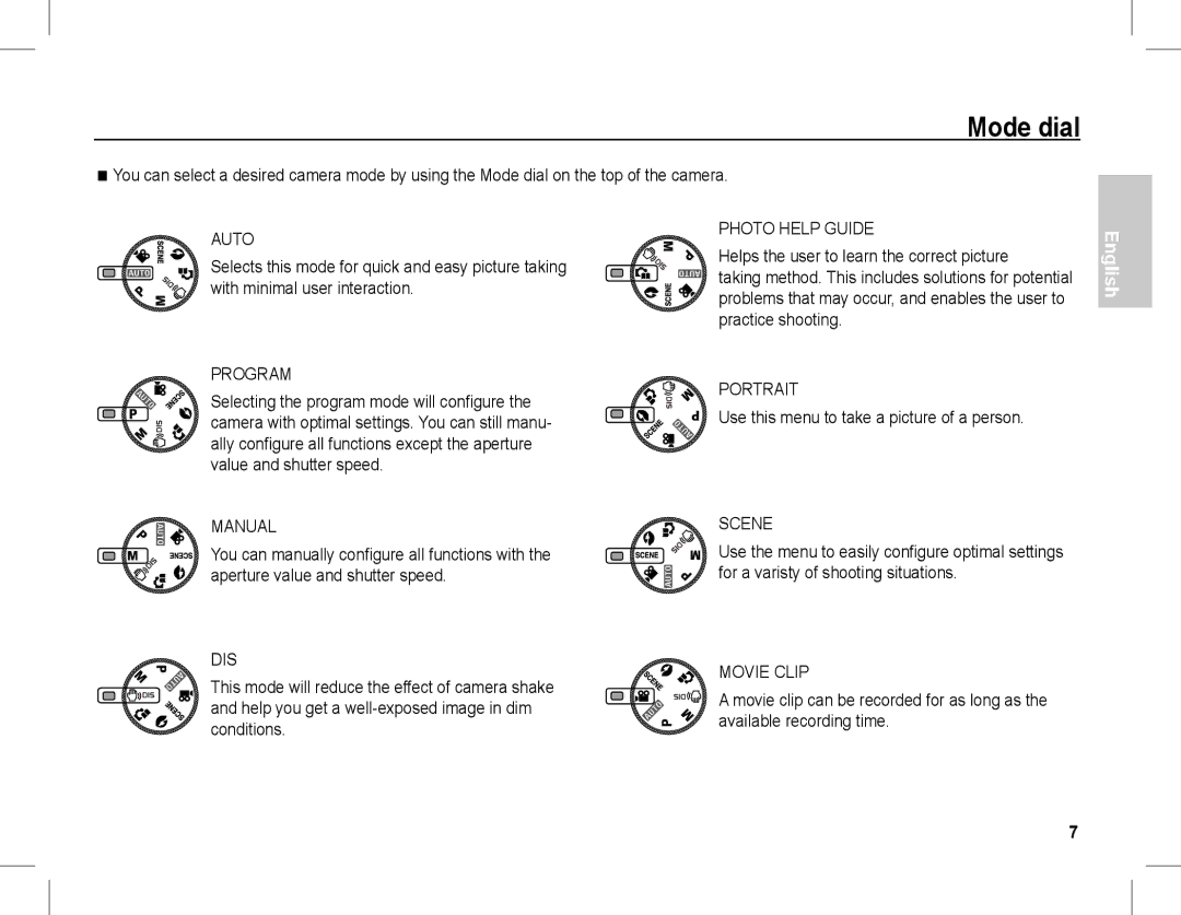 Samsung EC-S1070BBA/E2, EC-S1070BBA/FR, EC-S1070SBA/FR manual Mode dial, Use this menu to take a picture of a person 