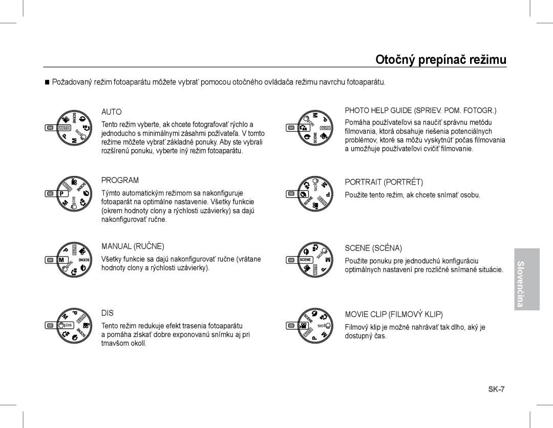 Samsung EC-S1070PDA/E3 manual Otočný prepínač režimu, Manual Ručne, Portrait Portrét, Scene Scéna, Movie Clip Filmový Klip 