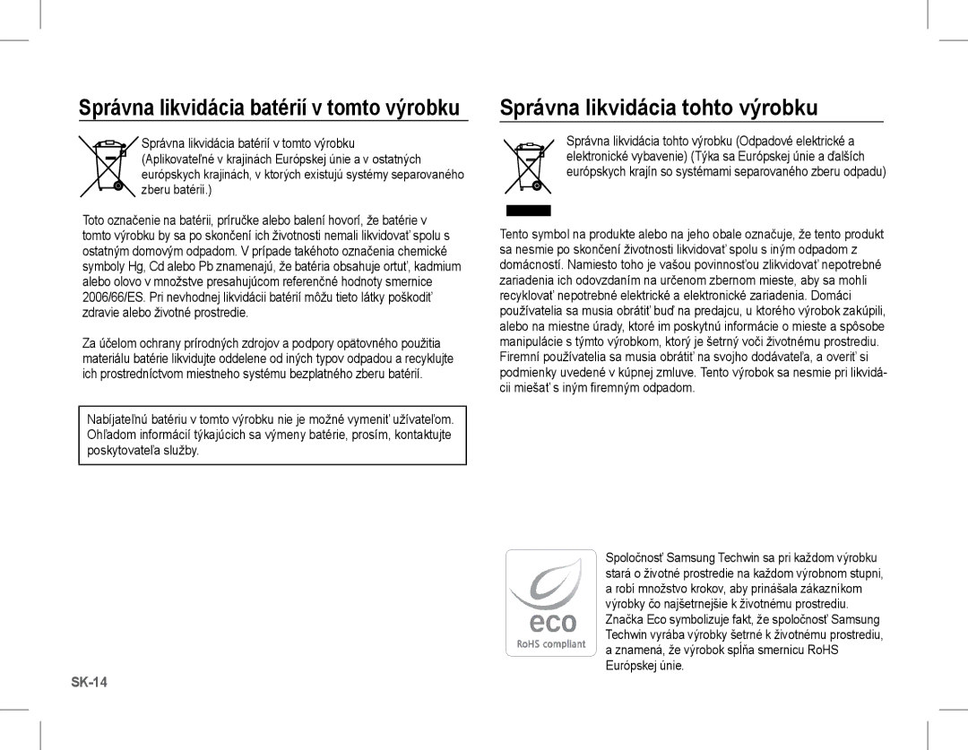 Samsung EC-S1070PBA/IT, EC-S1070BBA/FR manual Správna likvidácia tohto výrobku, Správna likvidácia batérií v tomto výrobku 