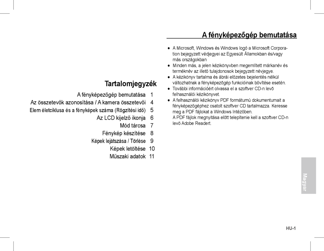 Samsung EC-S1070PBE/ZA manual Tartalomjegyzék, Fényképezőgép bemutatása, Az összetevők azonosítása / a kamera összetevői 