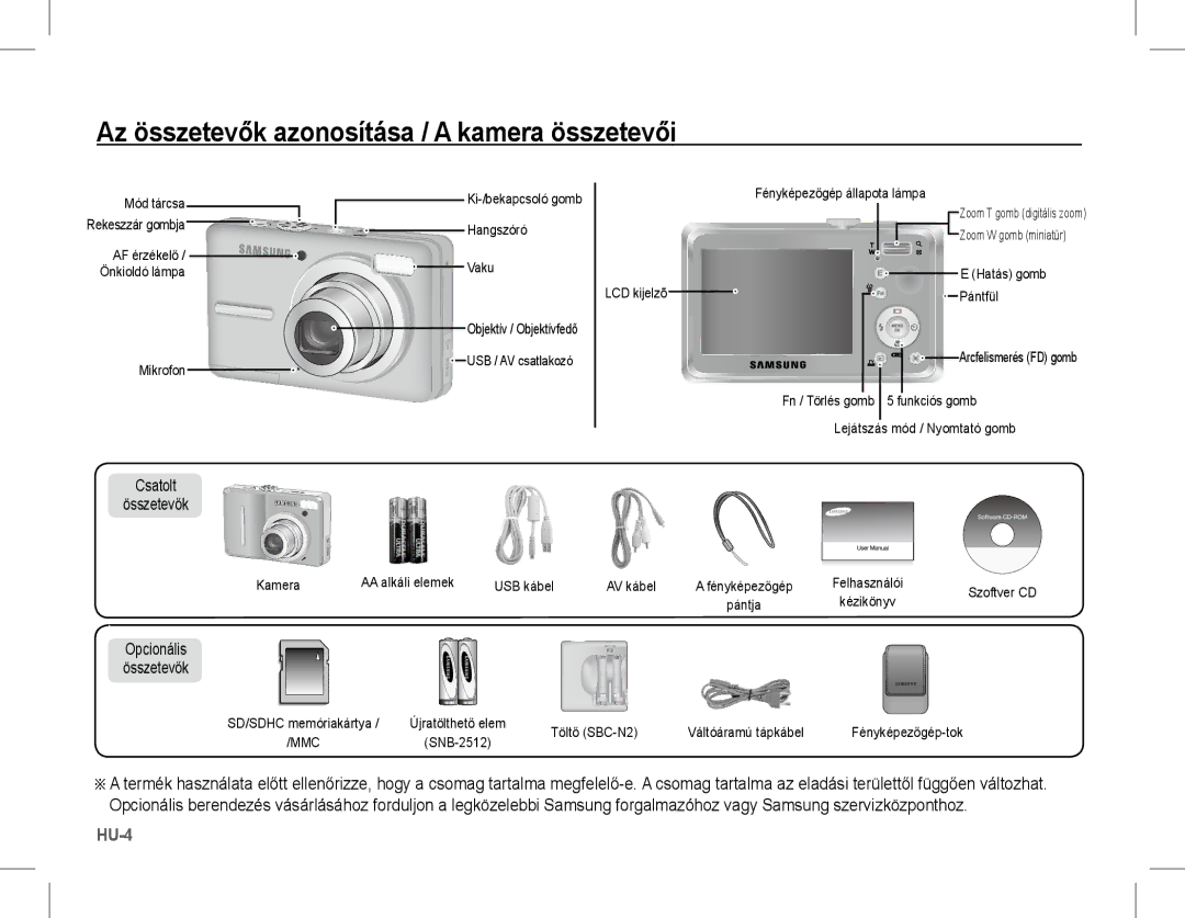 Samsung EC-S1070SBE/ZA manual Az összetevők azonosítása / a kamera összetevői, Csatolt Összetevők, Opcionális Összetevők 