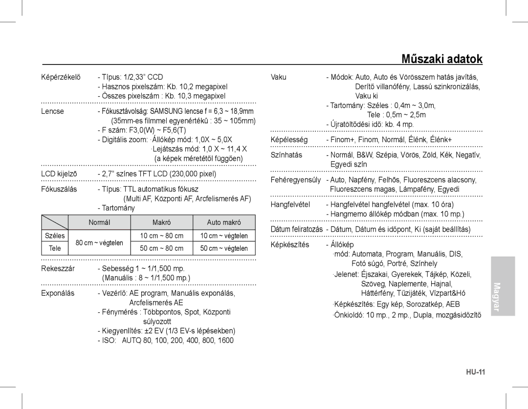 Samsung EC-S1070WBA/VN, EC-S1070BBA/FR, EC-S1070SBA/FR, EC-S1070WBA/FR, EC-S1070PBA/FR, EC-S1070BBA/IT manual Műszaki adatok 