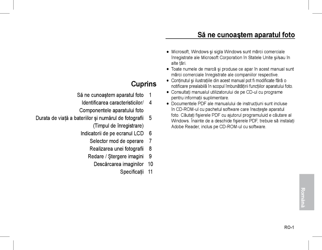 Samsung EC-S1070BDA/E3 manual Cuprins, Să ne cunoaştem aparatul foto, Durata de viaţă a bateriilor şi numărul de fotografii 