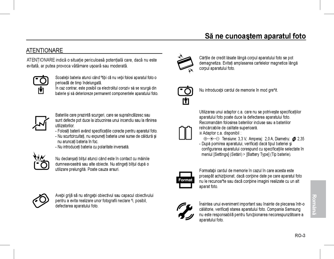 Samsung EC-S1070SBA/E2, EC-S1070BBA/FR, EC-S1070SBA/FR, EC-S1070WBA/FR Atenţionare, Adaptor c.a. disponibil, Aparatului foto 