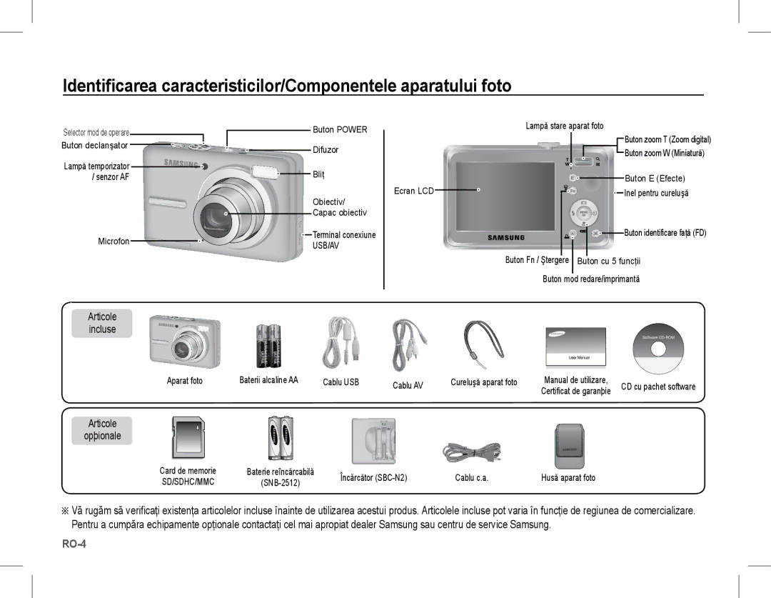 Samsung EC-S1070PBA/E2, EC-S1070BBA/FR Identificarea caracteristicilor/Componentele aparatului foto, Articole Opþionale 