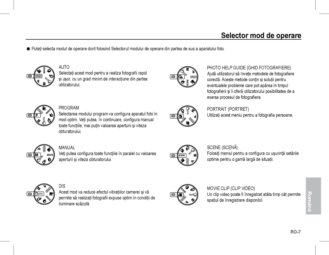 Samsung EC-S1070SBA/RU, EC-S1070BBA/FR manual Selector mod de operare, Portrait Portret, Scene Scenã, Movie Clip Clip Video 