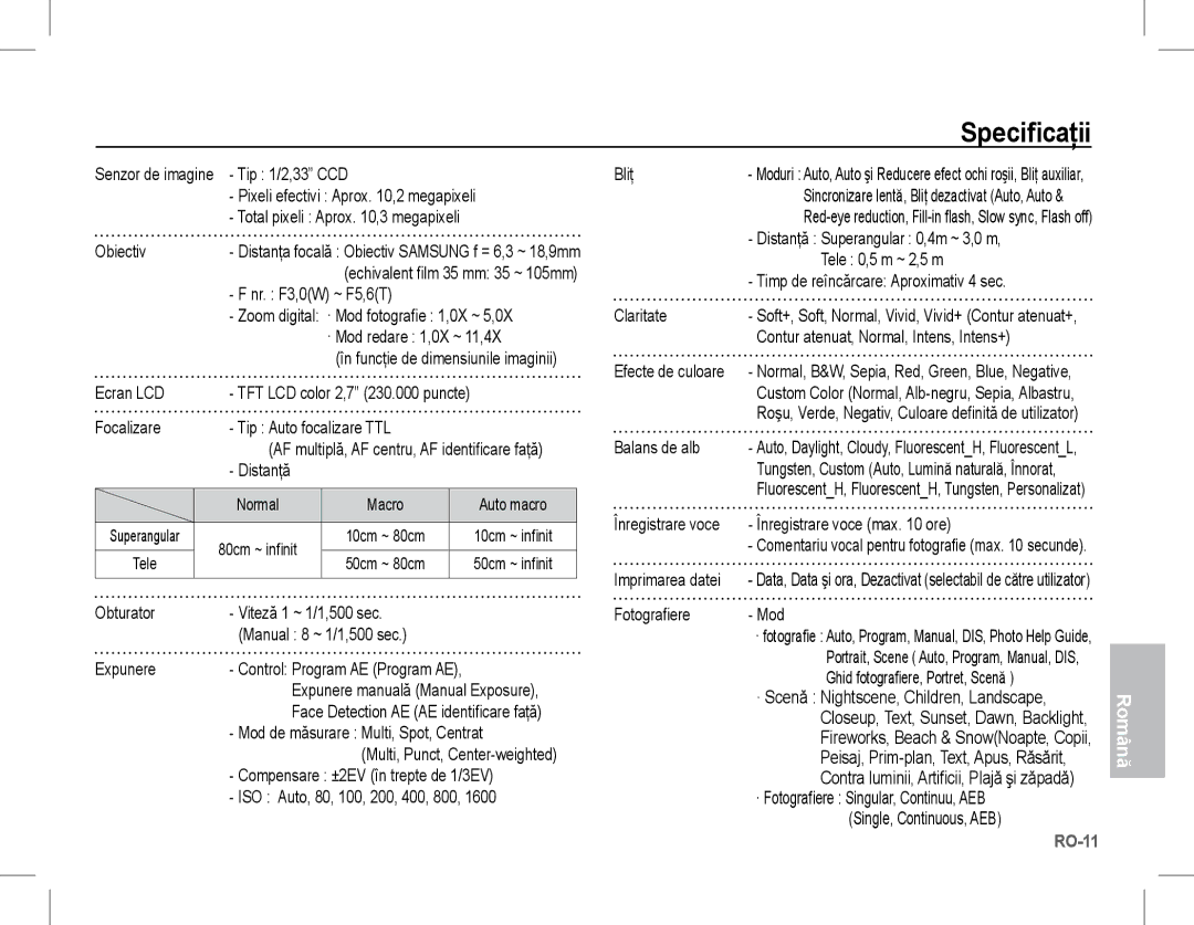 Samsung EC-S1070BBA/FR, EC-S1070SBA/FR, EC-S1070WBA/FR, EC-S1070PBA/FR, EC-S1070BBA/IT, EC-S1070SBA/IT manual Specificaţii 