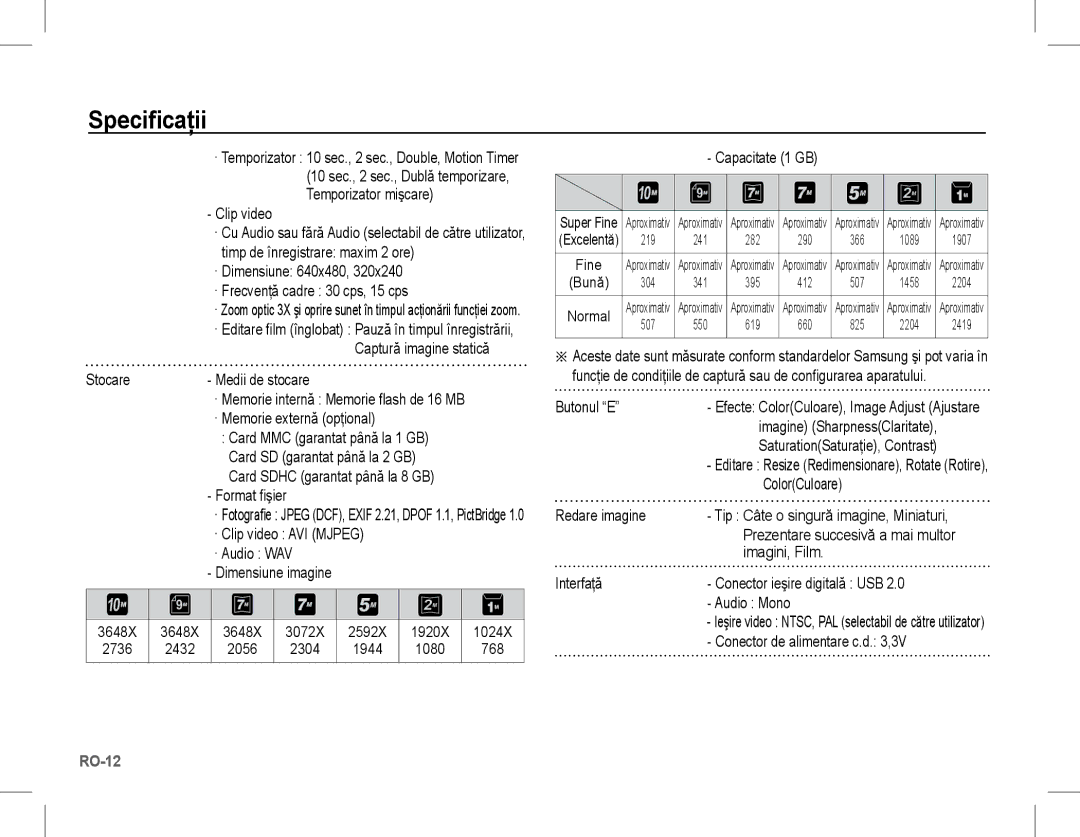 Samsung EC-S1070SBA/FR manual Clip video, · Dimensiune 640x480 · Frecvenţă cadre 30 cps, 15 cps, Stocare Medii de stocare 