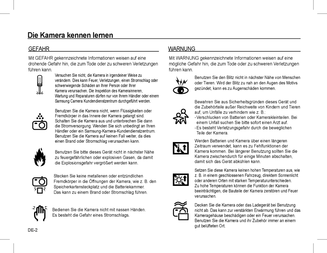 Samsung EC-S1070WBA/VN, EC-S1070BBA/FR, EC-S1070SBA/FR, EC-S1070WBA/FR, EC-S1070PBA/FR, EC-S1070BBA/IT manual Gefahr, Warnung 