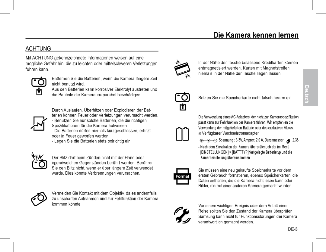 Samsung EC-S1070SBA/VN, EC-S1070BBA/FR, EC-S1070SBA/FR, EC-S1070WBA/FR manual Achtung, Verfügbarer Wechselstromadapter 