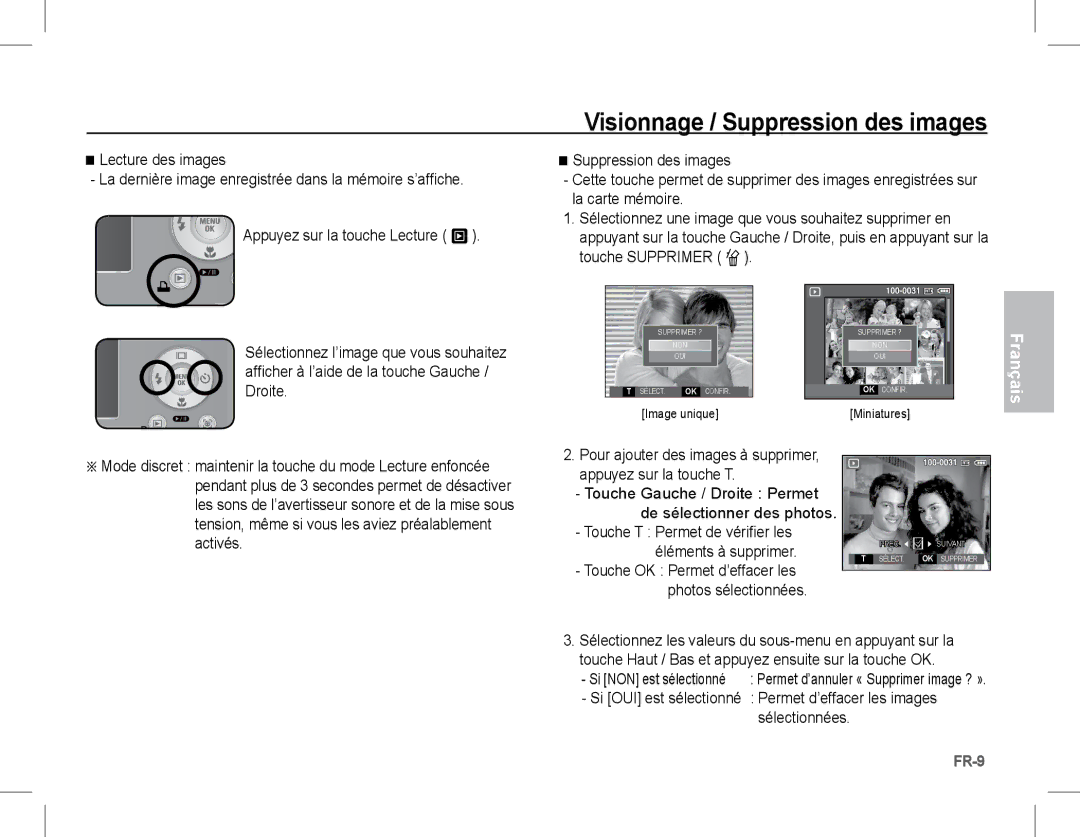 Samsung EC-S1070WBA/IT manual Visionnage / Suppression des images, Touche T Permet de vérifier les Éléments à supprimer 