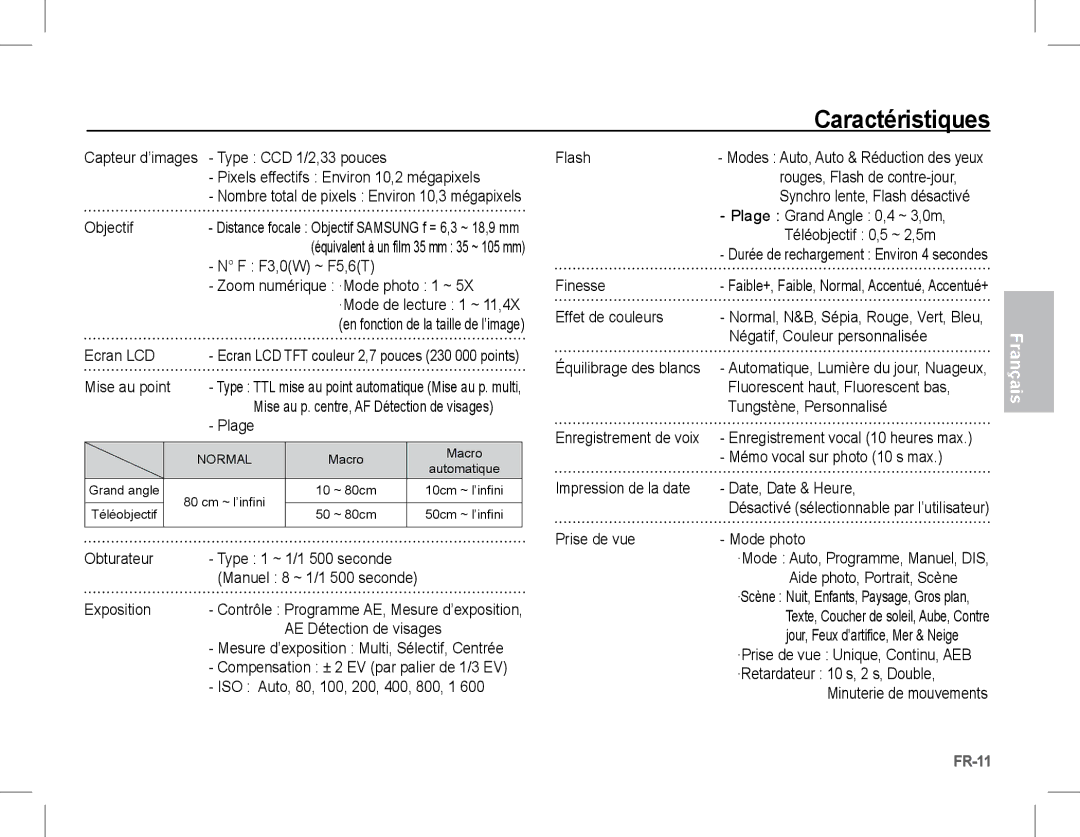 Samsung EC-S1070PBE/ZA, EC-S1070BBA/FR, EC-S1070SBA/FR, EC-S1070WBA/FR, EC-S1070PBA/FR, EC-S1070BBA/IT manual Caractéristiques 