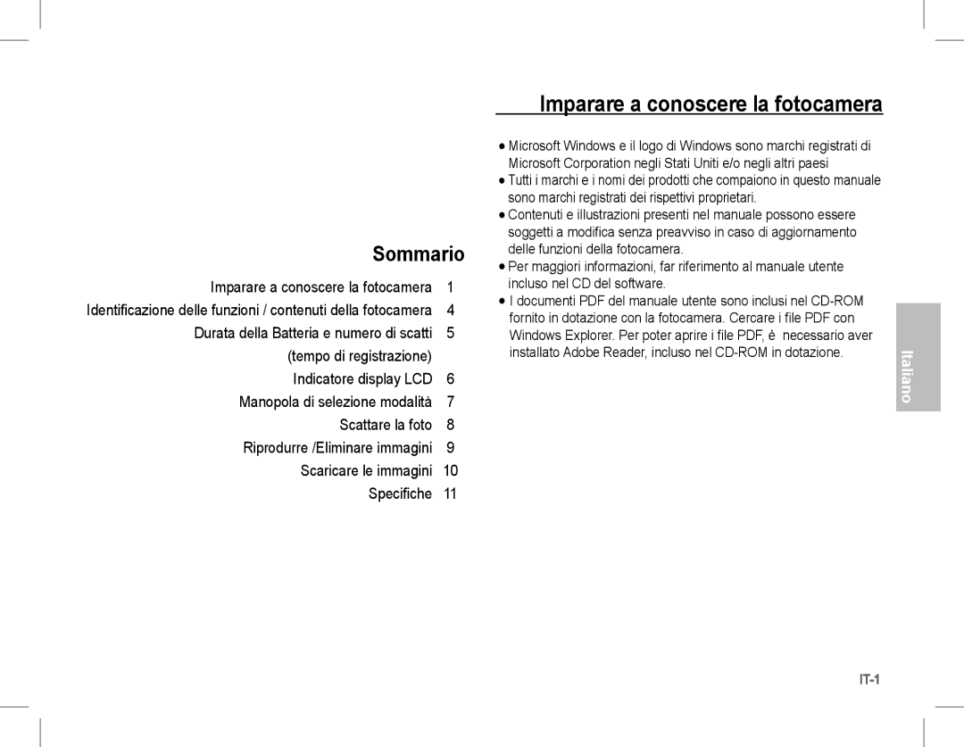 Samsung EC-S1070SBB/AS manual Imparare a conoscere la fotocamera, Sono marchi registrati dei rispettivi proprietari 