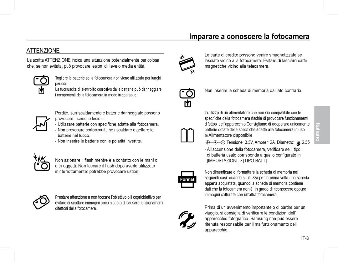 Samsung EC-S1070BBB/AS, EC-S1070BBA/FR, EC-S1070SBA/FR, EC-S1070WBA/FR, EC-S1070PBA/FR Attenzione, Alimentatore disponibile 