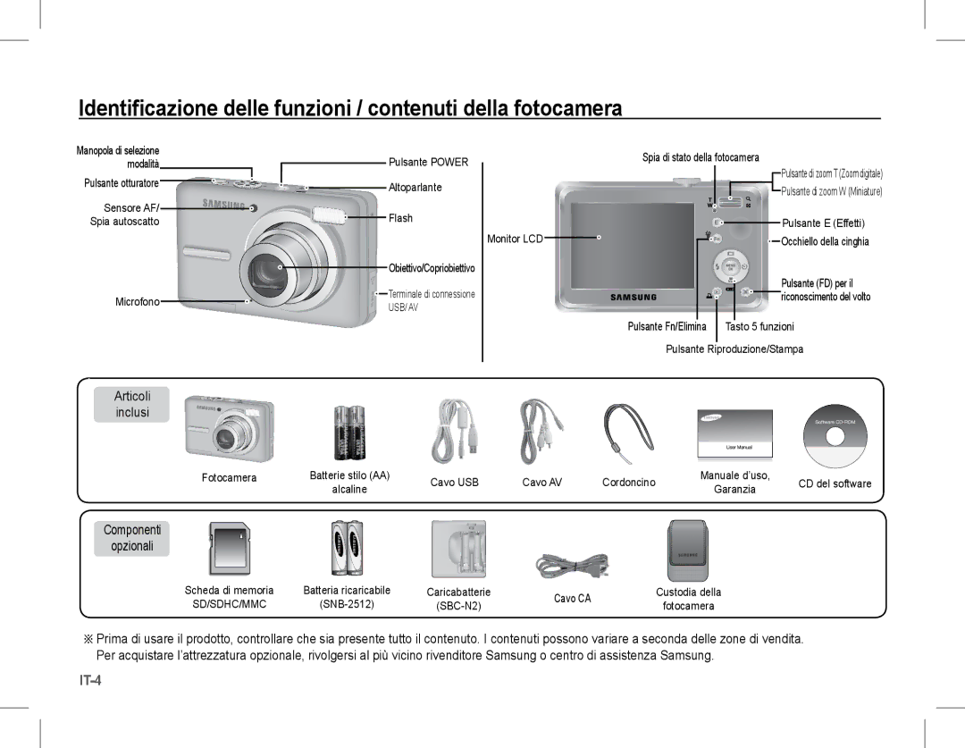 Samsung EC-S1070WDA/AS Identificazione delle funzioni / contenuti della fotocamera, Articoli Inclusi, Componenti Opzionali 