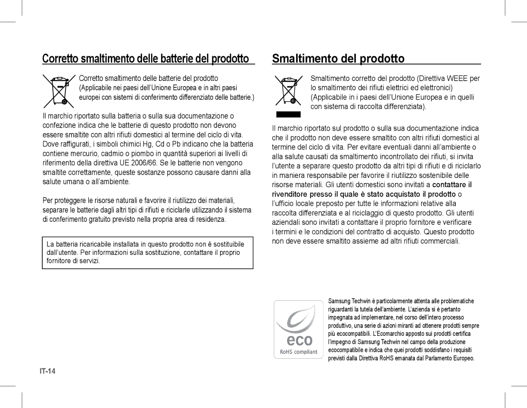 Samsung EC-S1070PBA/E2, EC-S1070BBA/FR manual Smaltimento del prodotto, Corretto smaltimento delle batterie del prodotto 