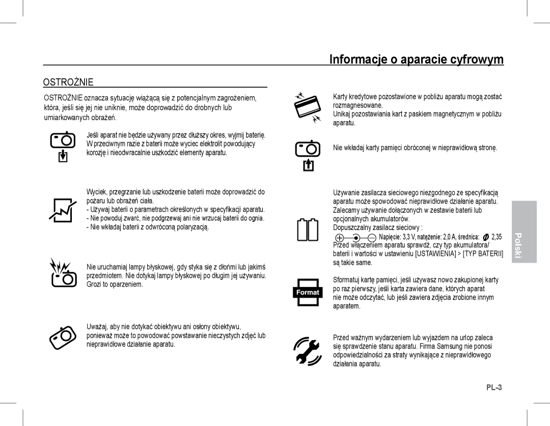 Samsung EC-S1070BBA/E1, EC-S1070BBA/FR, EC-S1070SBA/FR, EC-S1070WBA/FR manual Ostrożnie, Dopuszczalny zasilacz sieciowy 