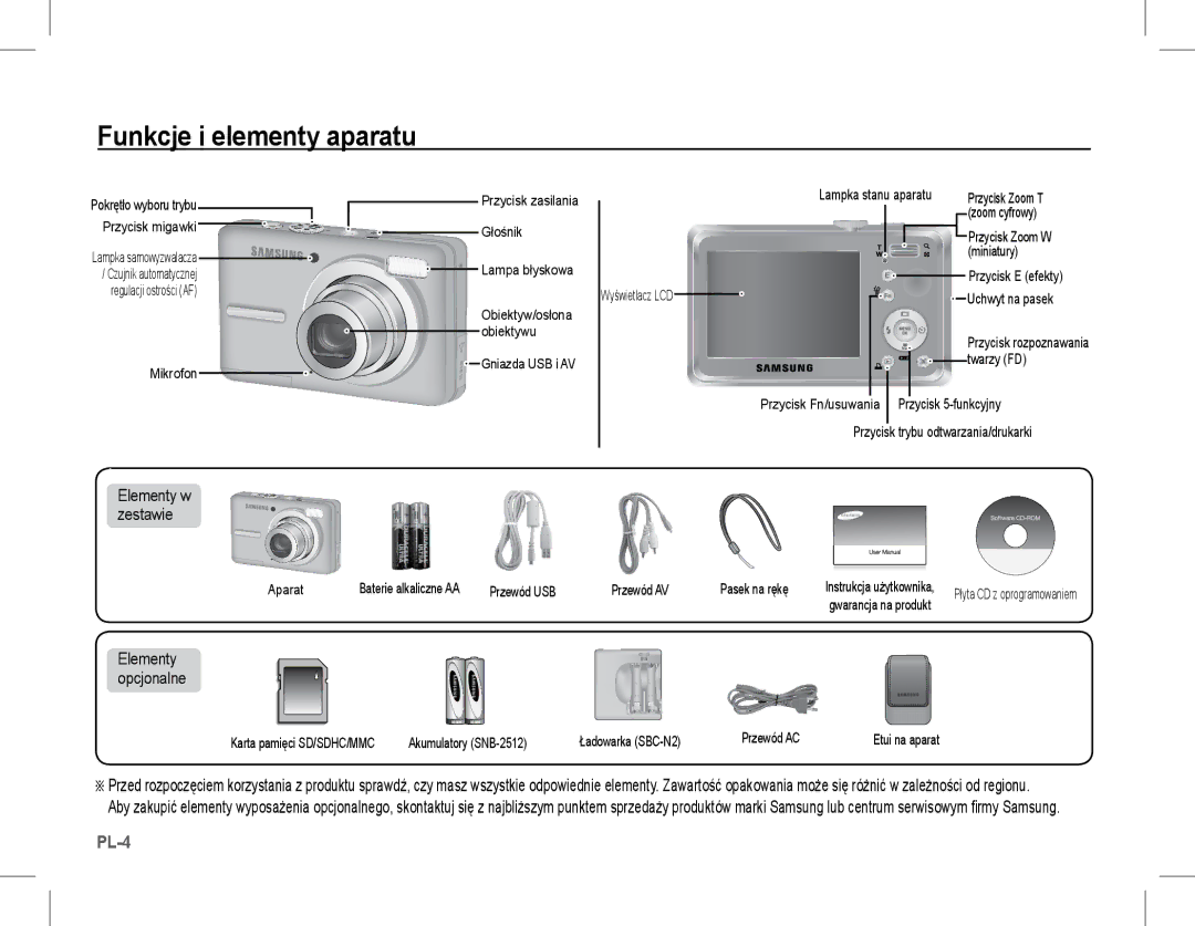 Samsung EC-S1070PDA/E3, EC-S1070BBA/FR, EC-S1070SBA/FR Funkcje i elementy aparatu, Elementy w zestawie, Elementy opcjonalne 