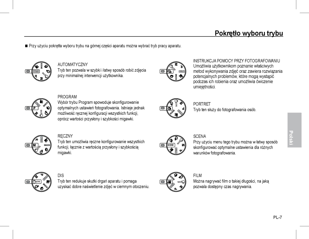 Samsung EC-S1070WBA/FR, EC-S1070BBA/FR, EC-S1070SBA/FR manual Pokrętło wyboru trybu, Automatyczny, Ręczny, Portret, Film 