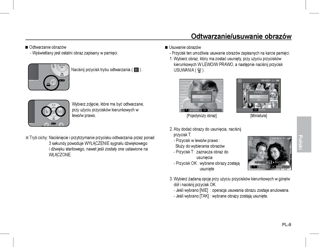 Samsung EC-S1070BBA/IT manual Odtwarzanie/usuwanie obrazów, Włączone, Aby dodać obrazy do usunięcia, naciśnij przycisk T 